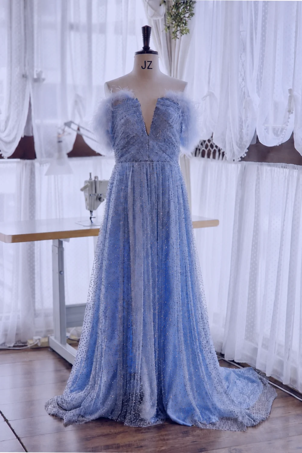Blue Fur sleeves evening Dress alteration