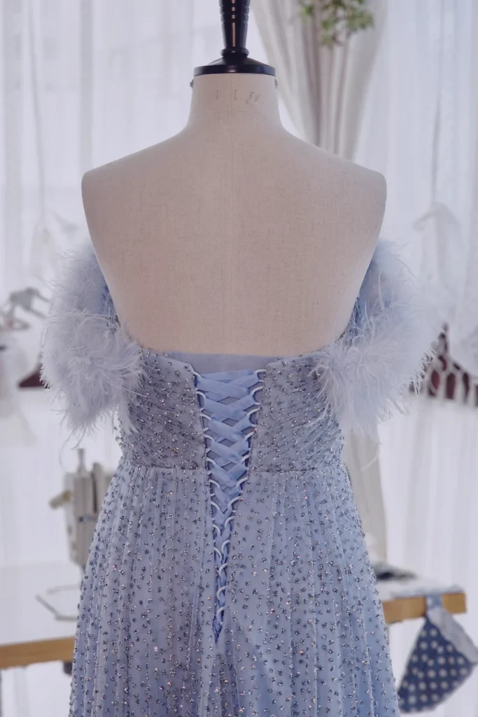 Blue feather strap dress with corset back alteration by SUU Bespoke in Kingston upon Thames