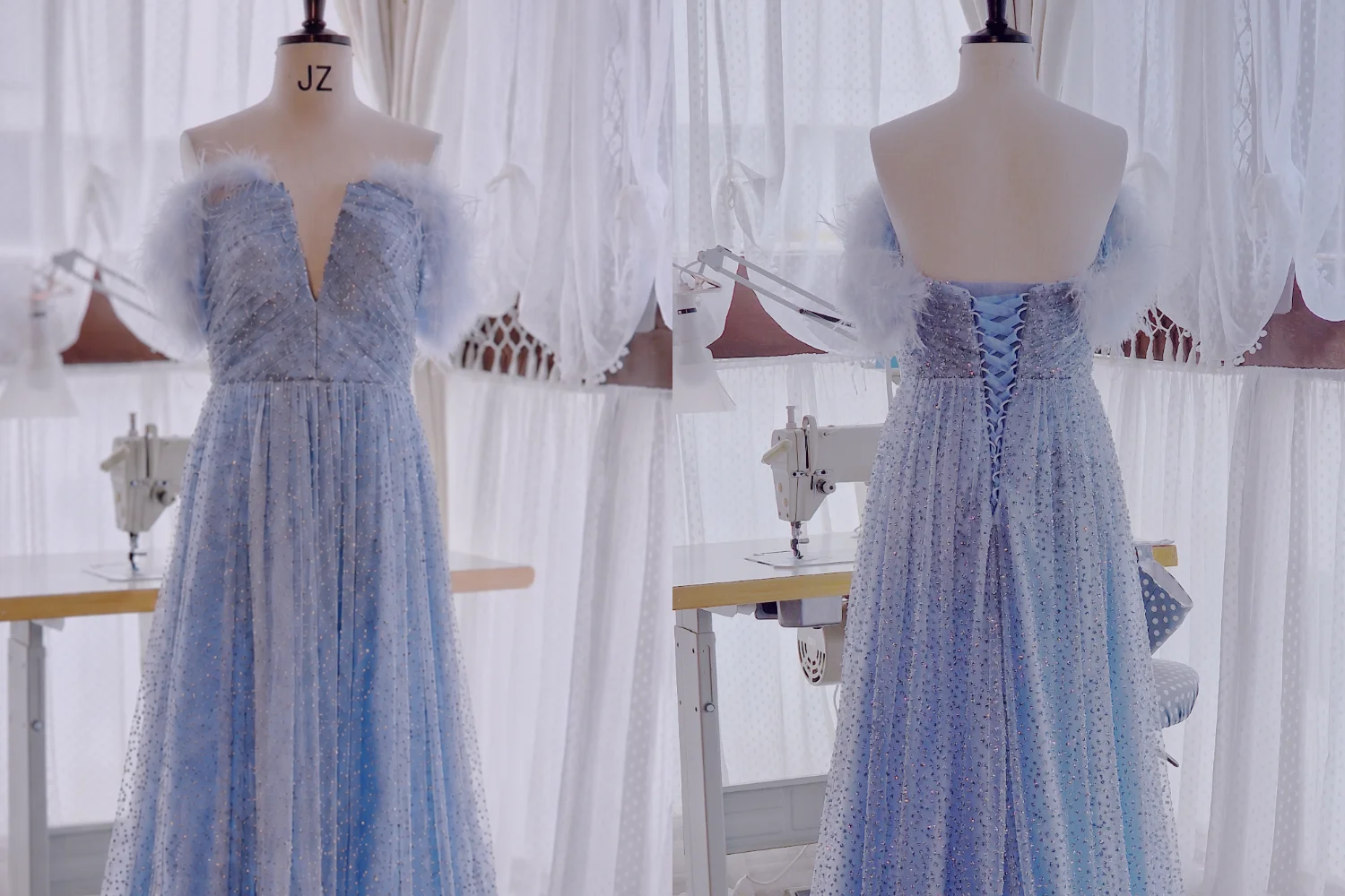 Evening dress fitting and structure check at SUU Bespoke studio
